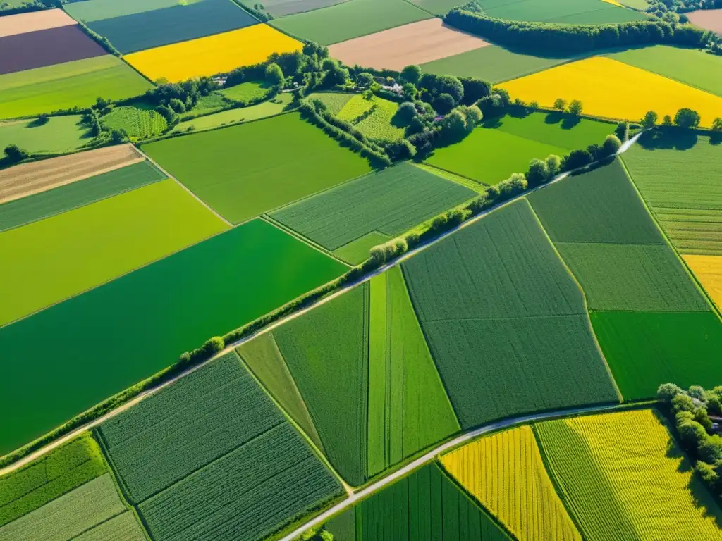 Vista aérea de campos agrícolas verdes y ríos serpenteantes