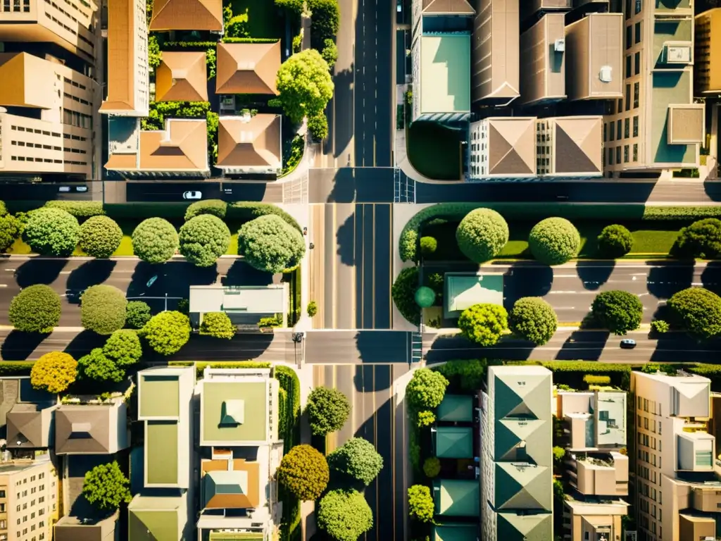 Una vista aérea en sepia de una ciudad bulliciosa con intrincados patrones urbanos y arquitectura simétrica