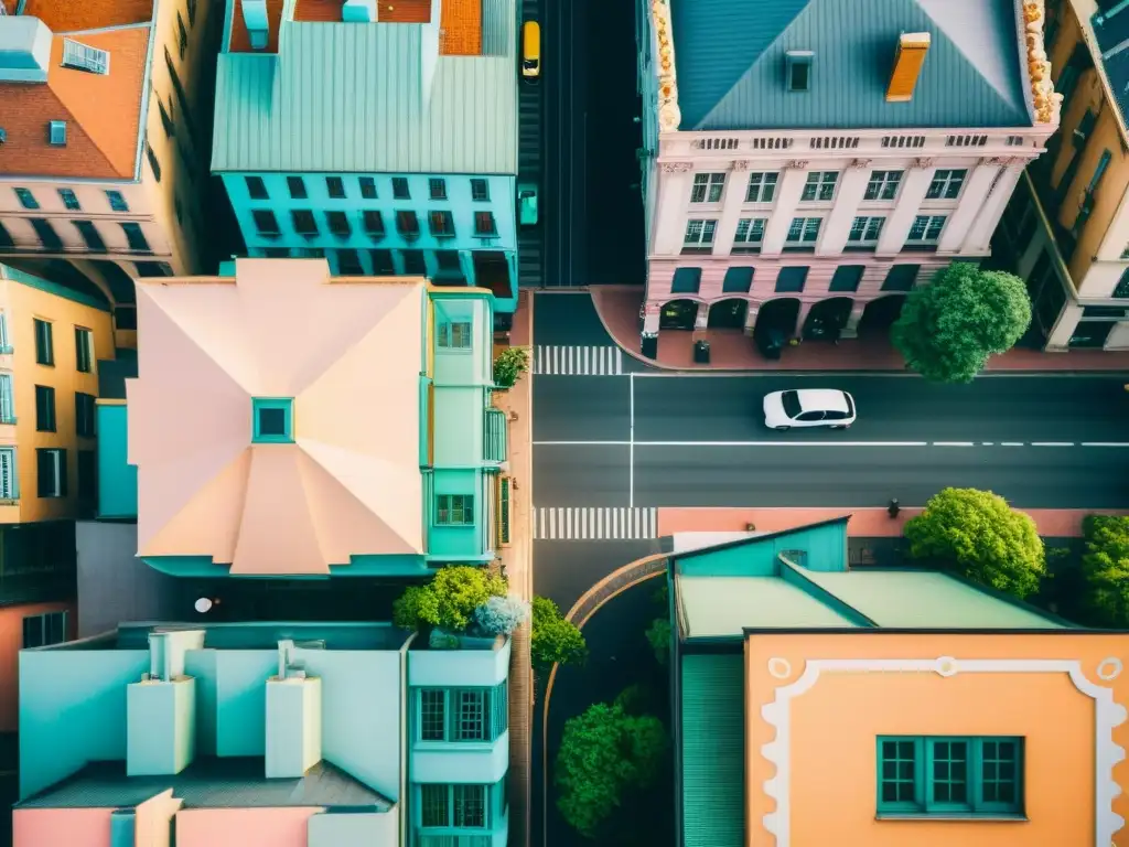 Vista aérea de la ciudad con impactantes patrones y colores pastel, evocando nostalgia y modernidad en el paisaje urbano