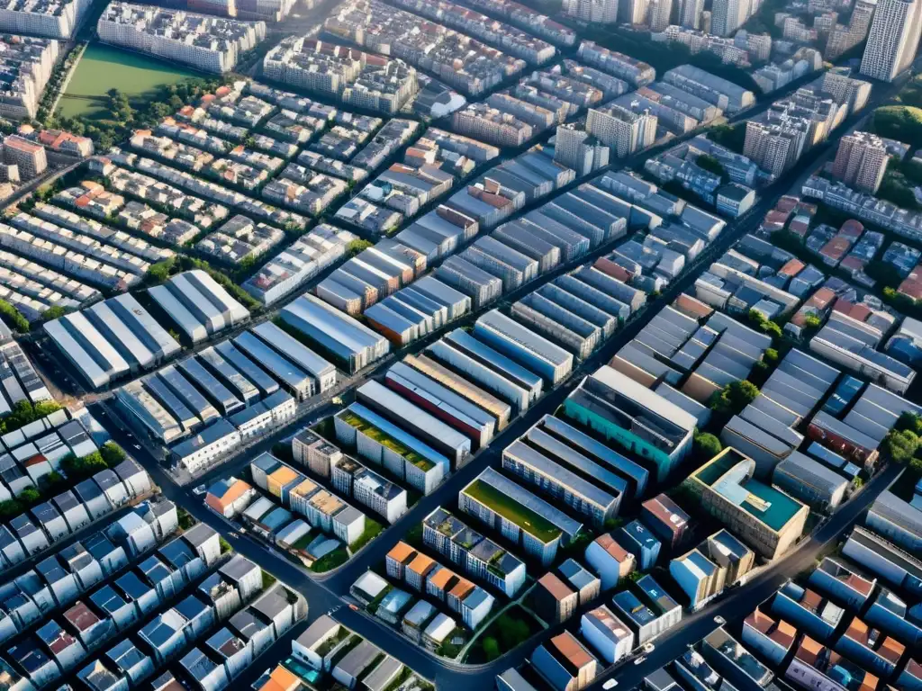 Vista aérea de contrastes urbanos entre riqueza y pobreza, resaltando patrones de desigualdad en el desarrollo urbano