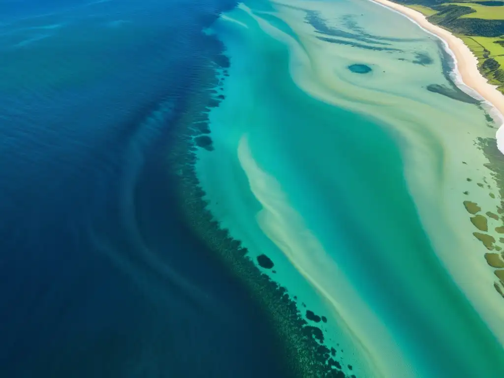 Vista aérea de la costa con patrones predecibles en los océanos, mostrando la interacción dinámica de luz y sombra en el agua