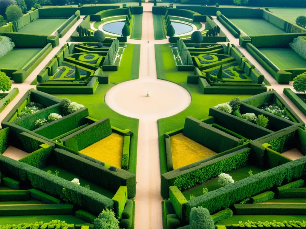 Vista aérea impresionante de los jardines simétricos y detallados del Palacio de Versalles, con sus patrones artísticos y opulentos