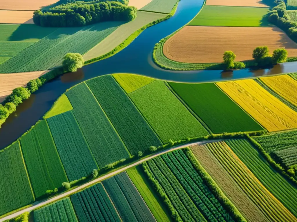 Vista aérea impresionante de patrones agrícolas en la cultura, con campos, ríos y sombras bajo la luz del sol