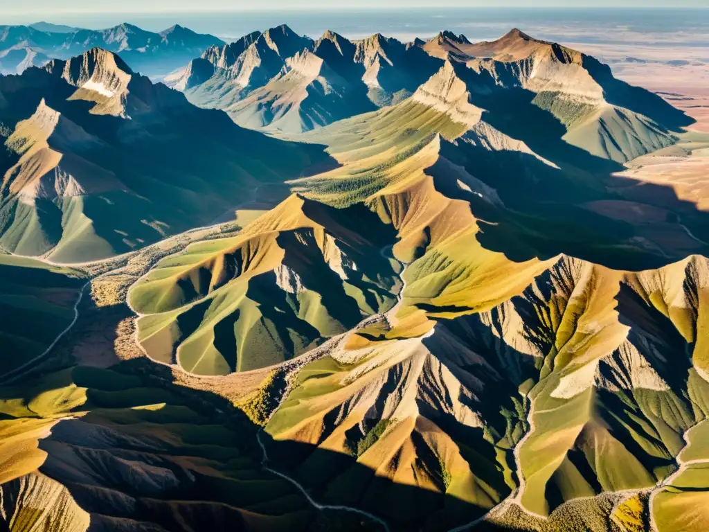 Vista aérea de montañas con patrones geológicos, equilibrio ecológico y armonía natural