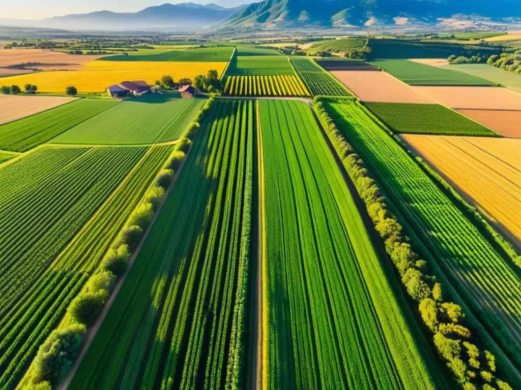 Vista aérea de patrones agrícolas en la cultura, con campos verdes, granjas y montañas al fondo