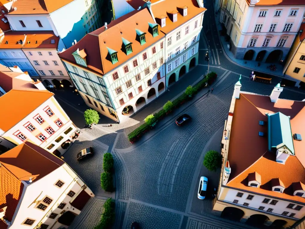 Vista aérea de los patrones artísticos en el Viejo Casco de Praga, con calles empedradas y edificios históricos en tonos pastel