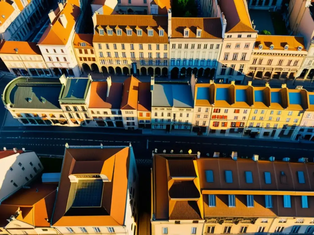 Arquitectura histórica de Lyon al atardecer Vista aérea de Lyon, Francia, con patrones artísticos en la arquitectura y una atmósfera nostálgica al atardecer