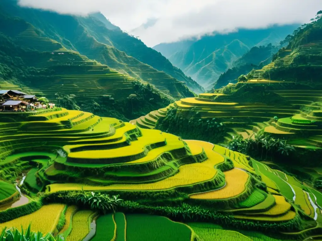 Vista aérea de Patrones bordados terrazas Filipinas, con arrozales verdes y montañas envueltas en niebla, evocando su belleza atemporal