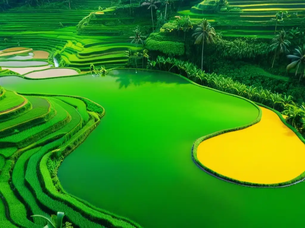 Vista aérea de patrones de cultivo sostenible en arrozales de Bali al atardecer