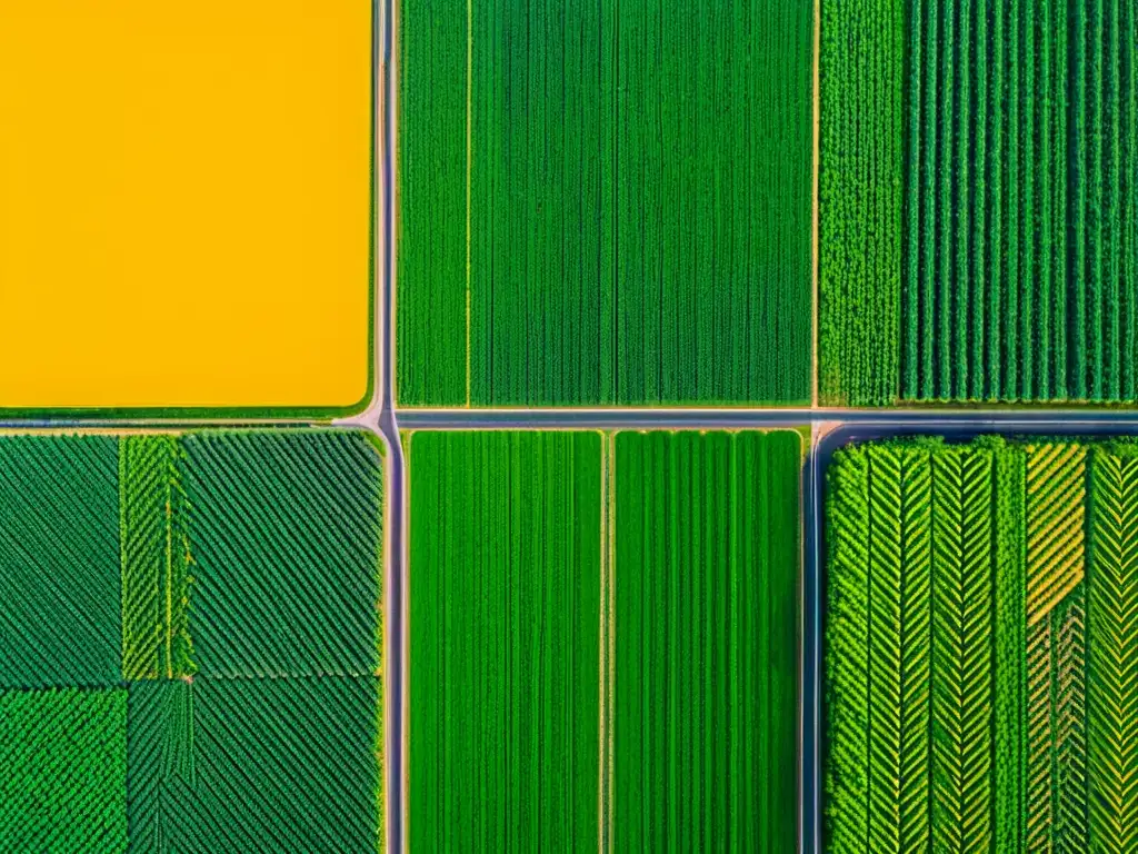 Vista aérea de patrones geométricos en campos de cultivo, con colores vibrantes y diseños simétricos que muestran la belleza agrícola