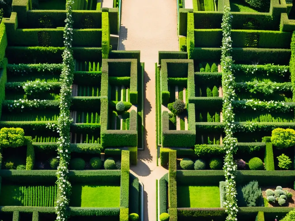 Vista aérea de los patrones geométricos en jardines franceses, con hileras de setos y estatuas ornamentales, bañados por la luz del sol