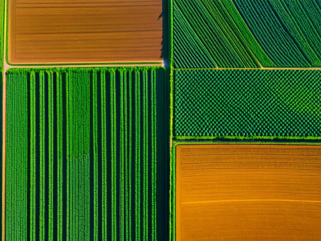 Vista aérea de patrones geométricos en campos de cultivo, una sinfonía visual de precisión y simetría en colores vibrantes