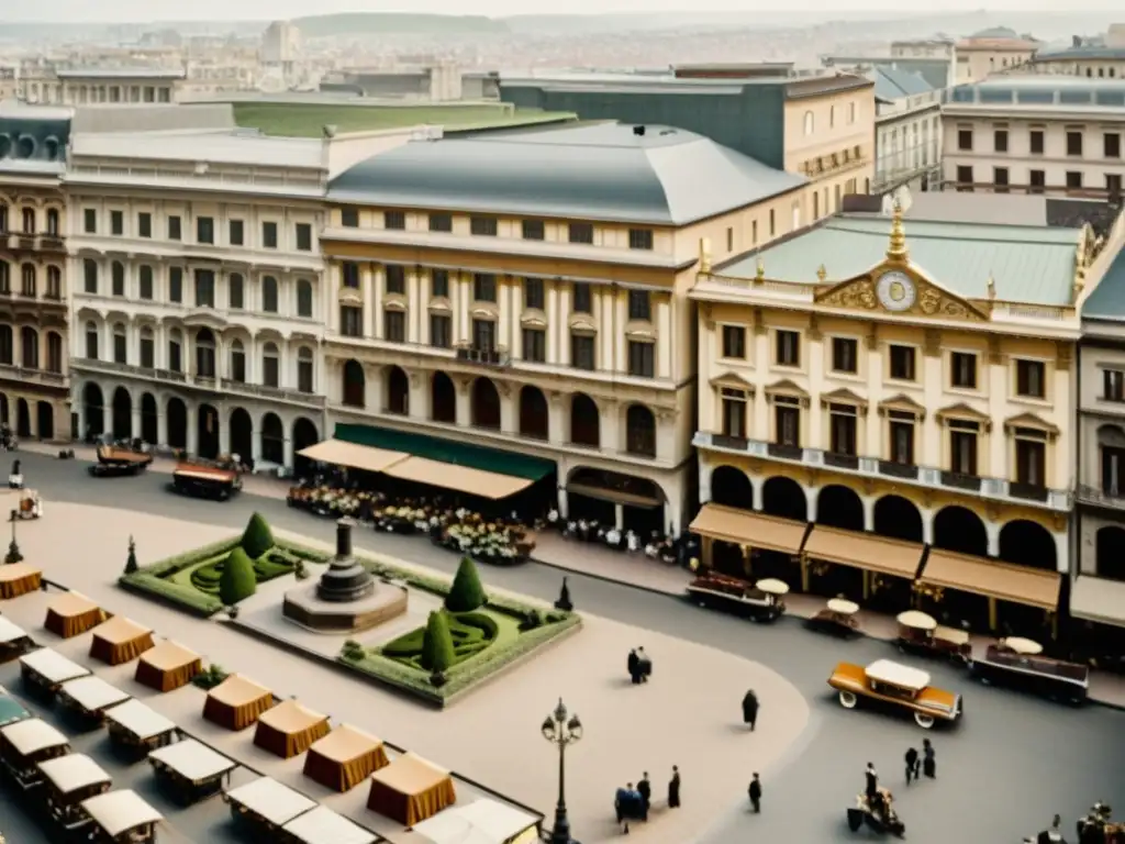 Vista aérea de una plaza de ciudad antigua con patrones y diseños artísticos en arquitectura, evocando nostalgia y diversidad cultural