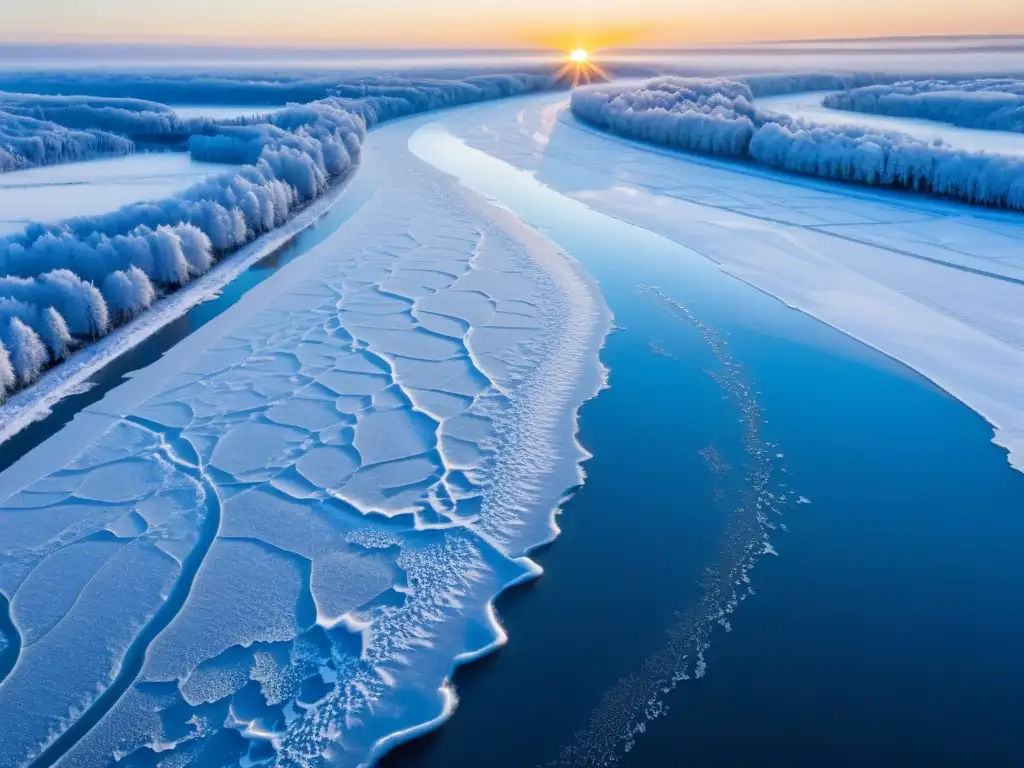 Vista aérea de un río congelado al amanecer, con patrones artísticos en la superficie del hielo, creando una escena invernal serena y etérea