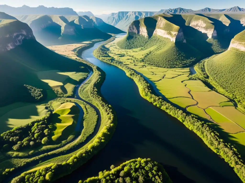 Vista aérea de un río serpenteando entre un valle exuberante, con imponentes montañas en el fondo