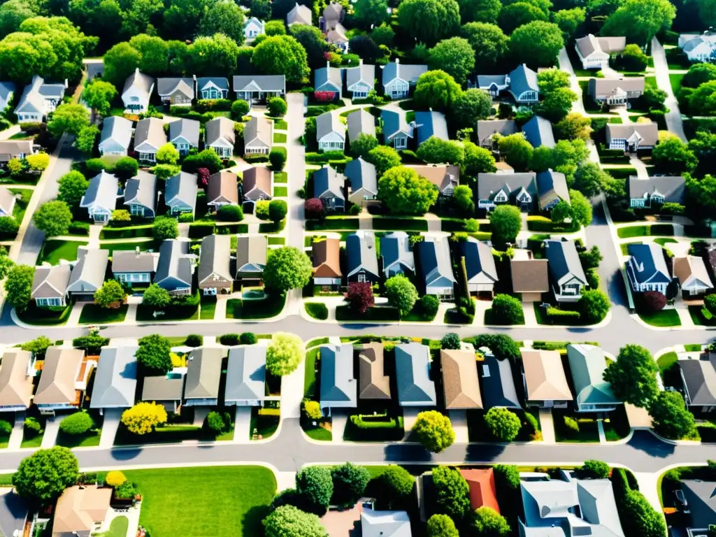 Vista aérea de un vecindario suburbano con patrones urbanísticos en las afueras de una gran ciudad