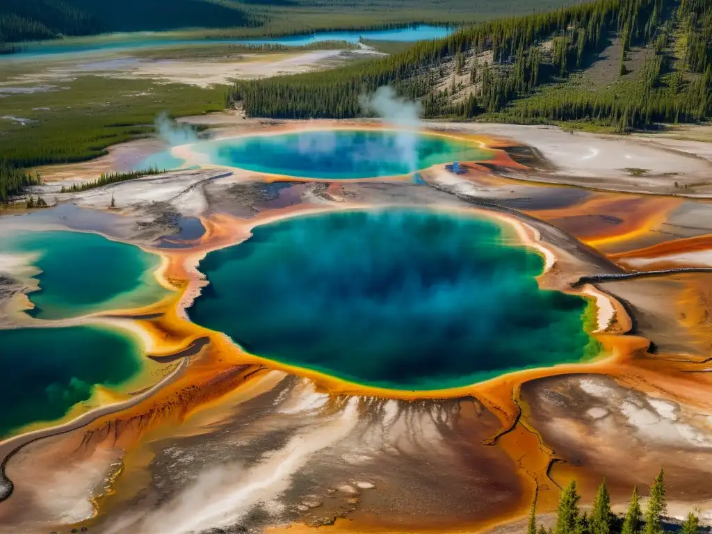 Vista aérea de los vibrantes patrones naturales en el Parque Nacional Yellowstone, creando una atmósfera etérea y nostálgica