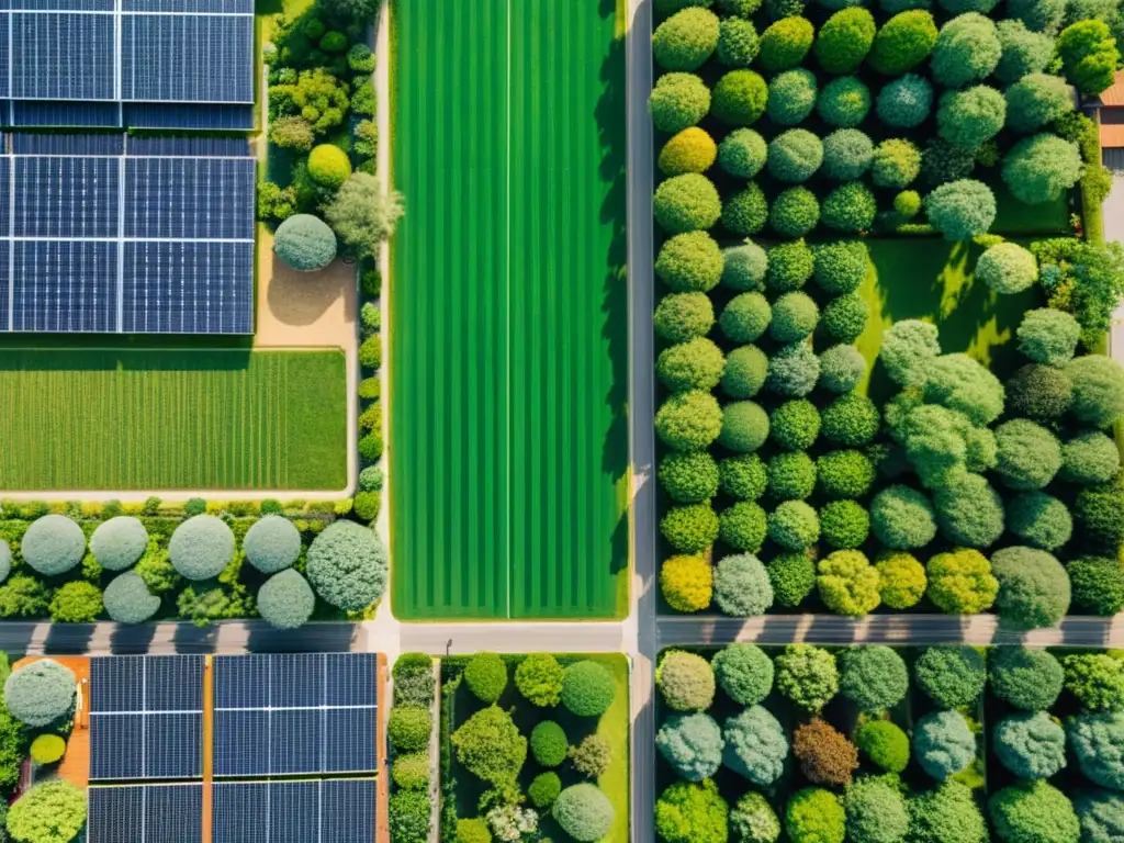 Una vista aérea vintage de un área urbana sostenible que muestra patrones verdes y paneles solares integrados con arquitectura tradicional