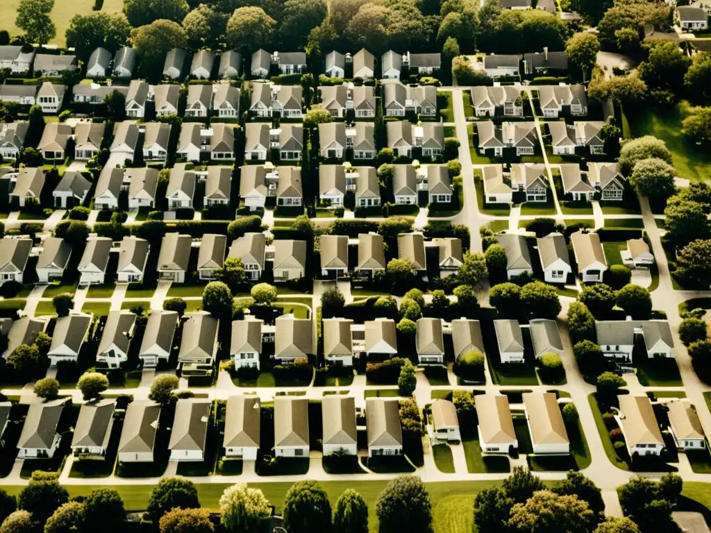 Vista aérea vintage de un vecindario suburbano con casas idénticas, calles arboladas y jardines bien cuidados