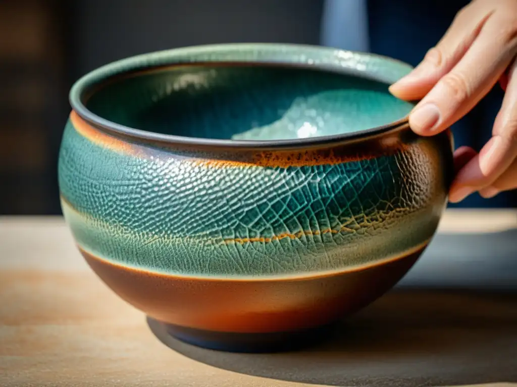 Una vista cercana de un cuenco de cerámica Raku vintage, resaltando la intrincada textura craquelada y las imperfecciones únicas del arte raku japonés