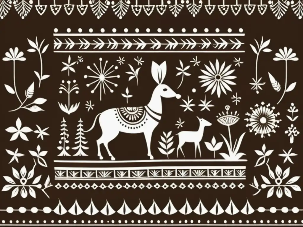 Una vista cercana de un intrincado diseño de la impresión Warli, resaltando la artesanía y el arte tribal