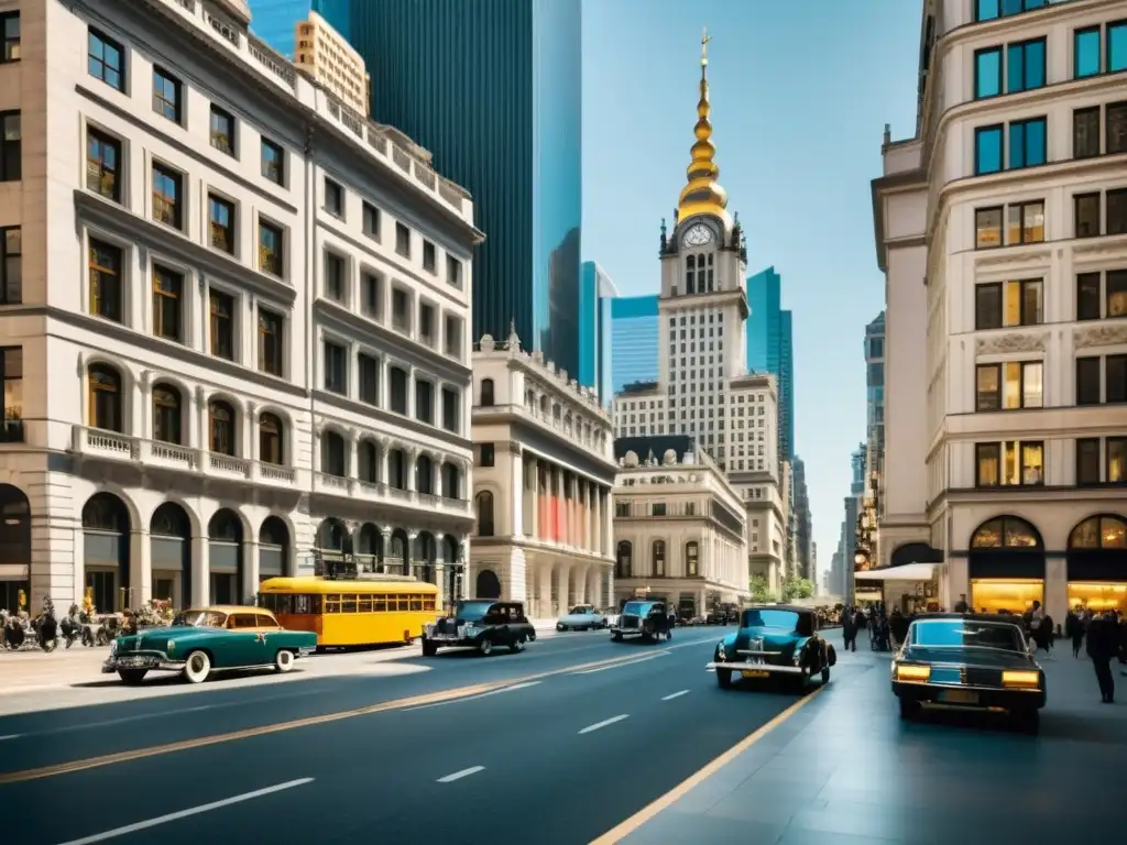 Vista de ciudad bulliciosa con edificios históricos y modernos