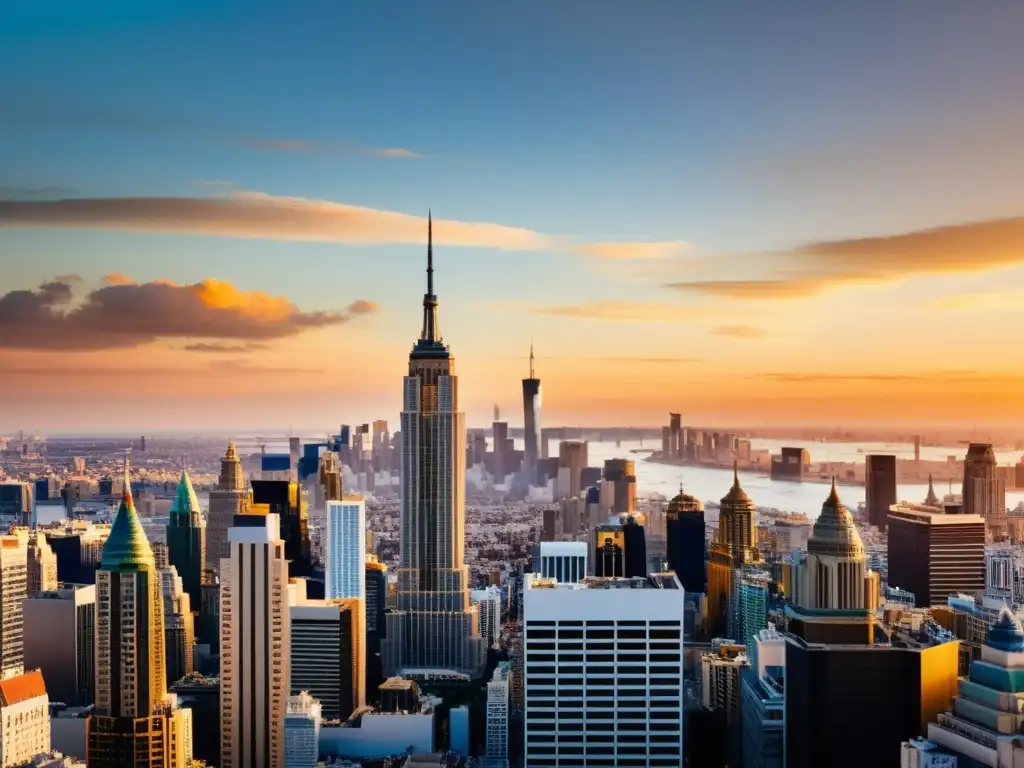 Vista de la ciudad con patrones arquitectónicos fusionados globalmente, bañada en cálidos tonos dorados al atardecer