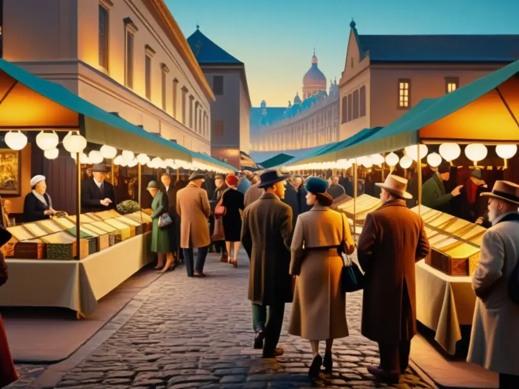 Vista detallada de un bullicioso mercado de arte vintage, con patrones y texturas que causan un efecto psicológico en los espectadores, bajo la cálida luz de las farolas