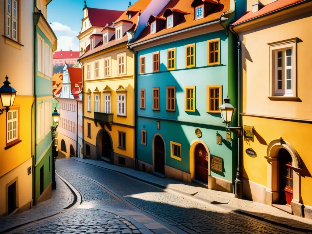 Vista detallada de las calles empedradas del Viejo Casco de Praga con patrones artísticos y coloridos edificios históricos