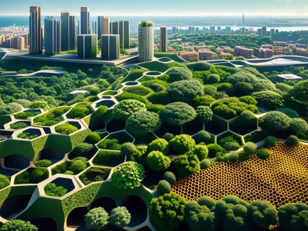 Vista detallada de una ciudad vintage con patrones biomiméticos en arquitectura urbana, fusionando naturaleza y diseño urbano de manera armoniosa