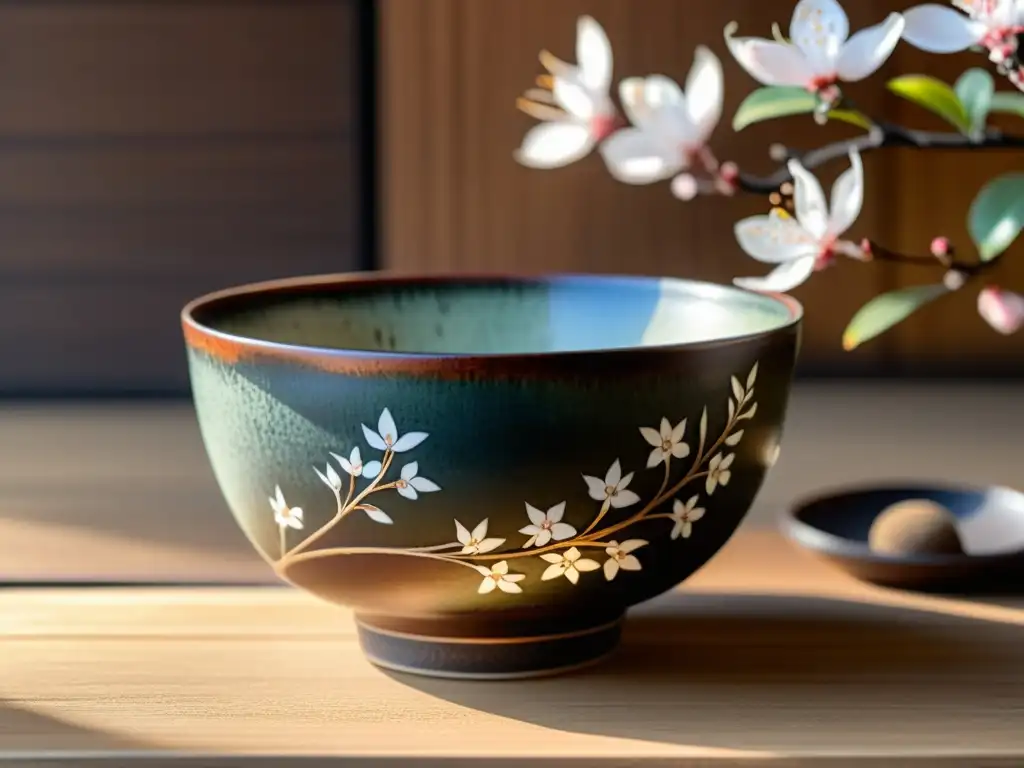 Una vista detallada de un cuenco de té japonés Raku en una atmósfera serena