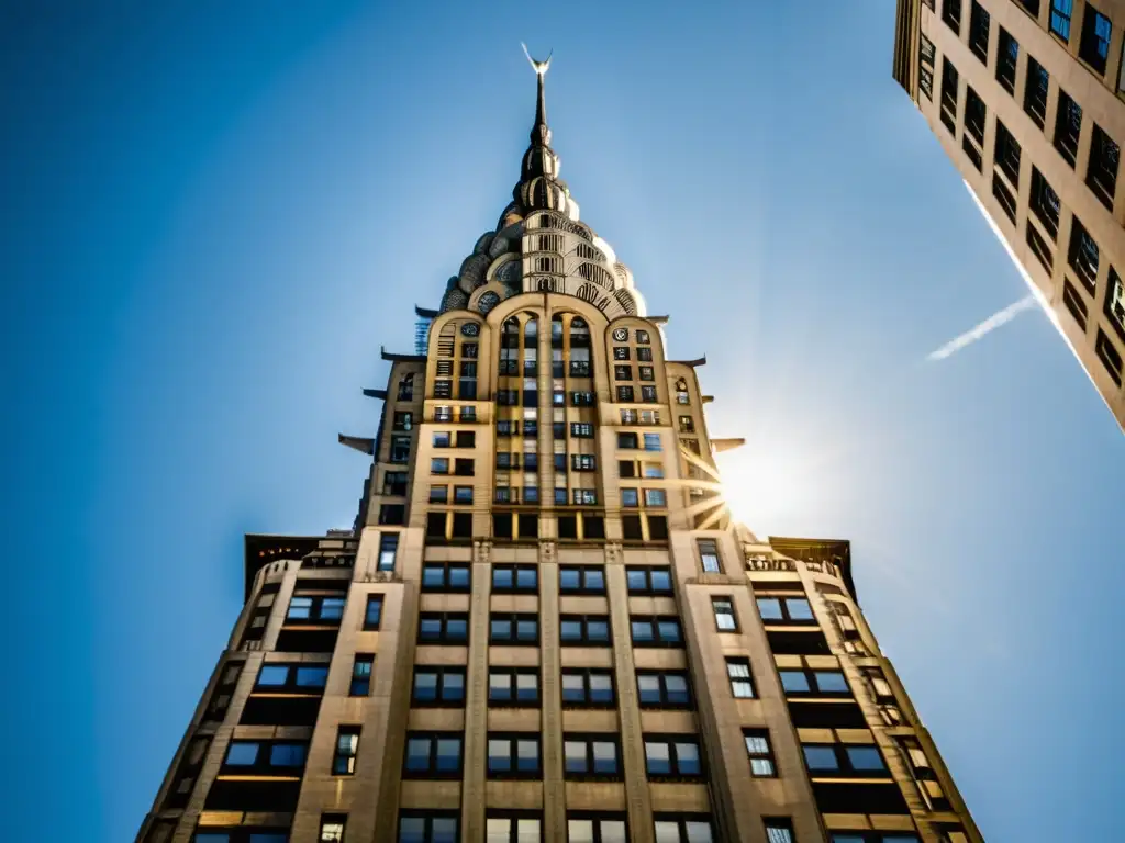 Vista detallada del icónico Chrysler Building en Nueva York, destacando la elegancia atemporal y los patrones lineales en rascacielos modernos