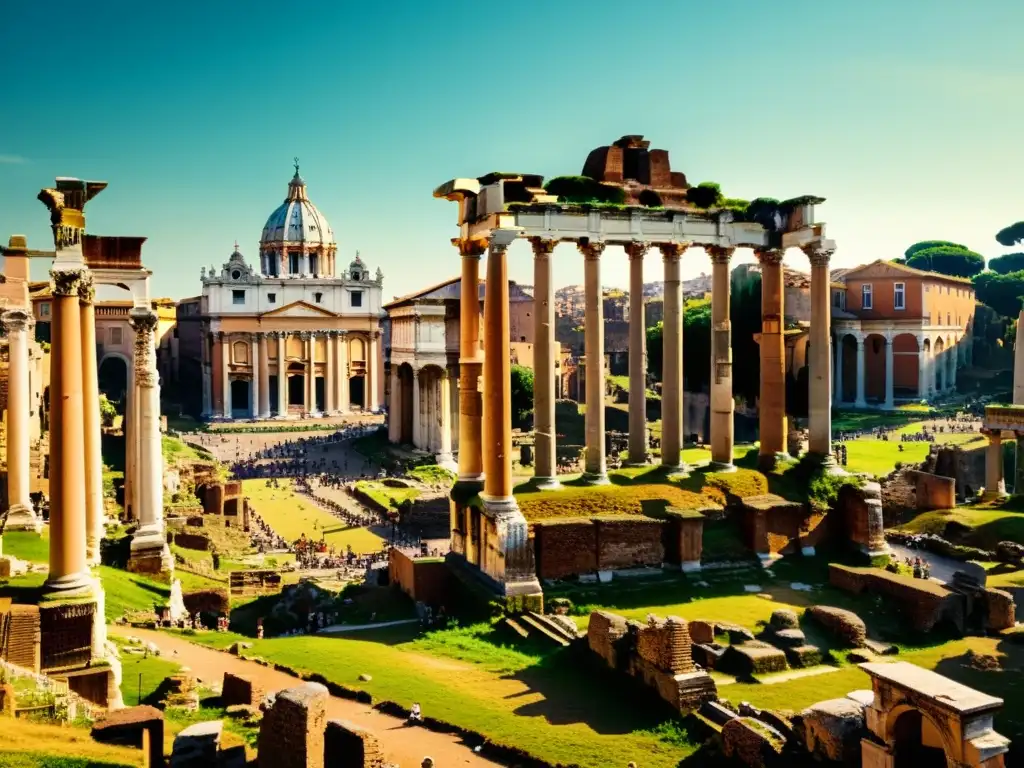 Vista detallada del Foro Romano, con patrones arquitectura Imperio romano, colores cálidos y atmósfera nostálgica