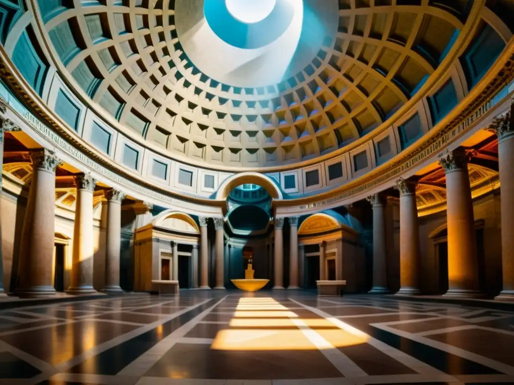 Vista detallada del interior del Panteón en Roma, destacando la majestuosidad arquitectónica del Imperio romano y sus patrones, con un toque cálido y nostálgico