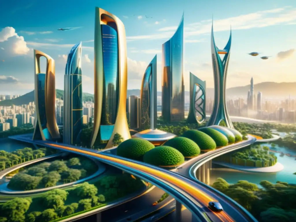 Vista futurista de rascacielos con diseños geométricos y vegetación, inspiración en patrones arquitectura futura