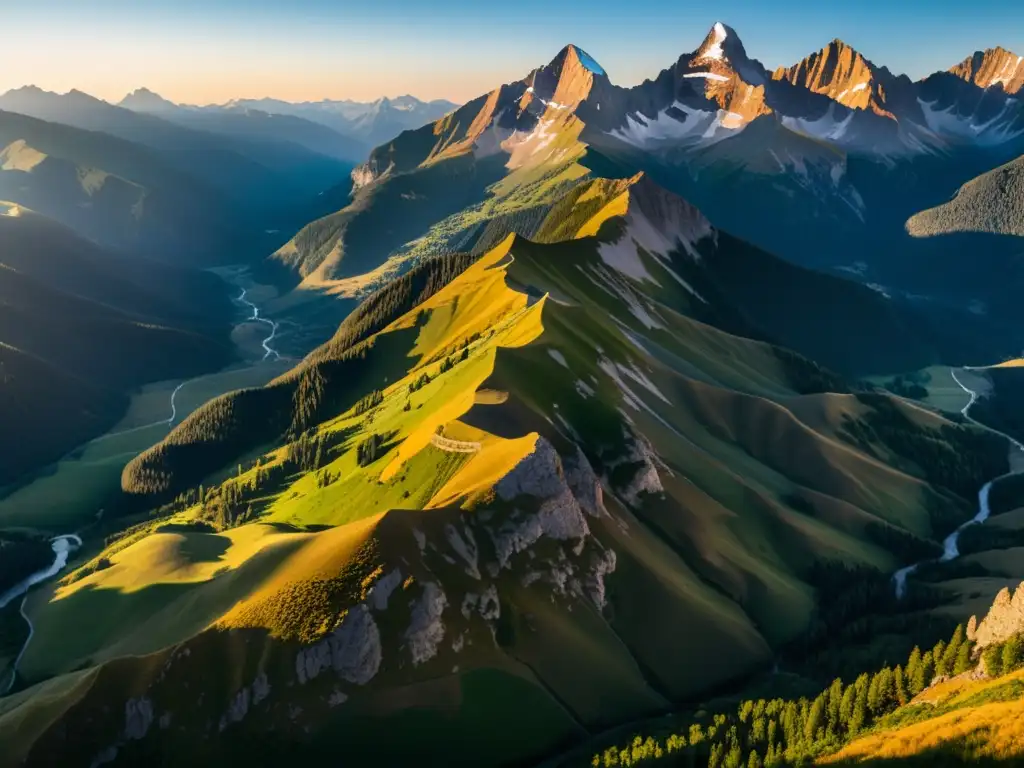 Vista impresionante de una cordillera dinámica al atardecer