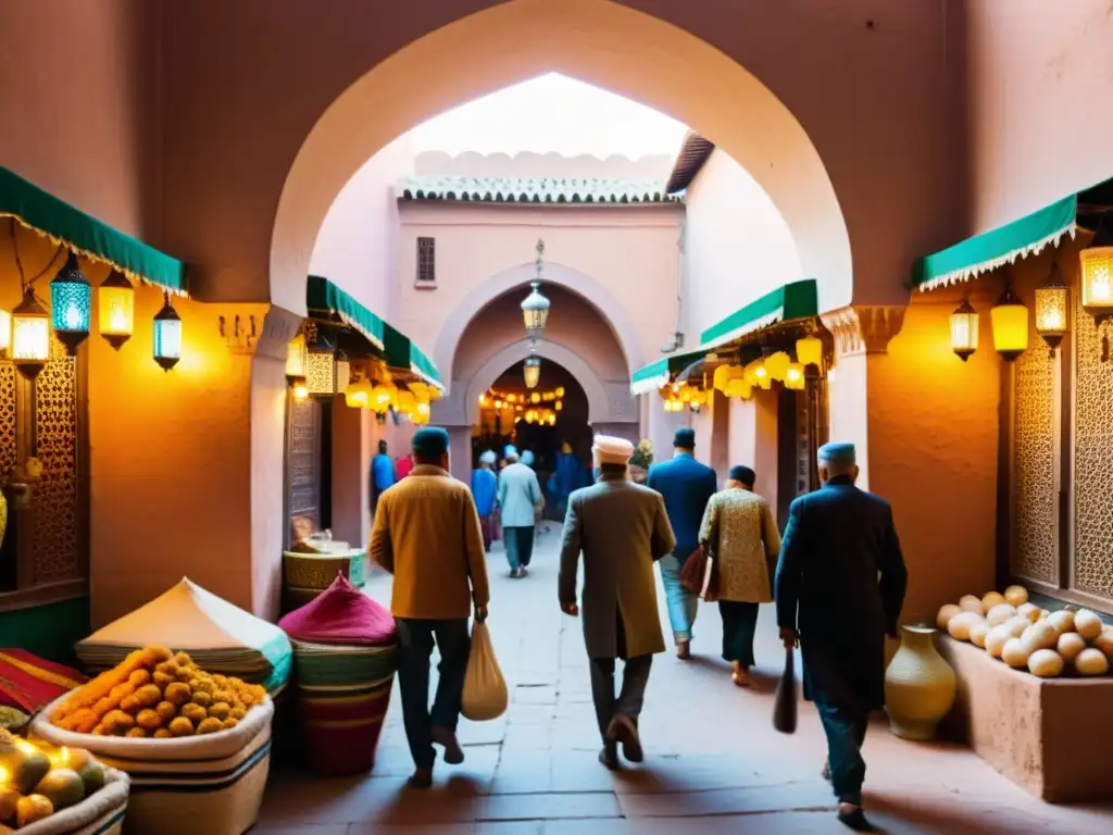 Vista impresionante del zoco en Marrakech con arcos decorativos, textiles vibrantes y arte islámico