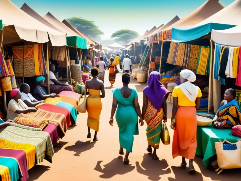 Vista de mercado africano con tejidos coloridos y mujeres negociando, resaltando la influencia de tejidos africanos en moda