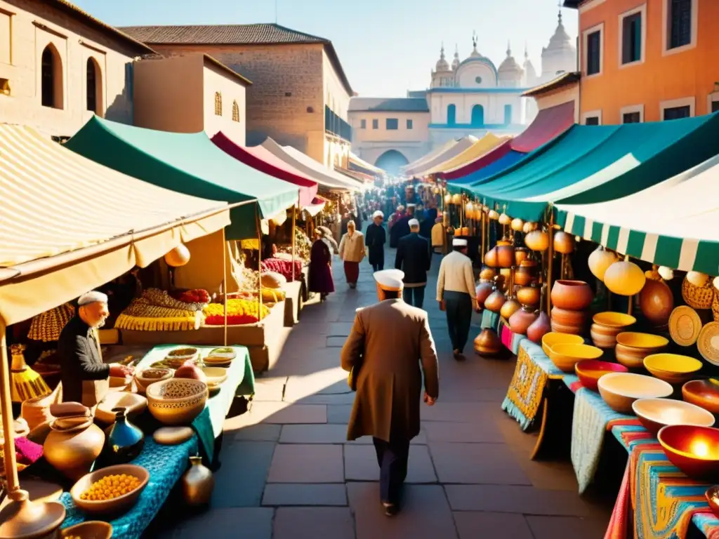 Vista de mercado bullicioso con patrones artísticos culturales innovadores en una ciudad vibrante y rica en cultura