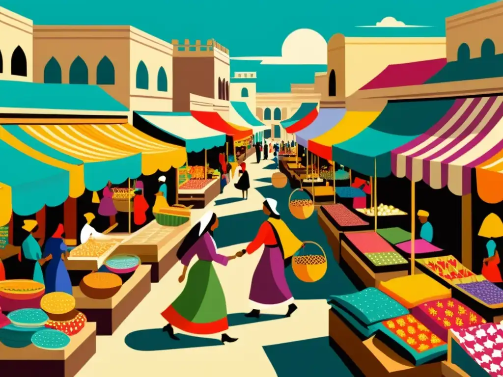 Vista de un mercado exótico con patrones vibrantes en merchandising étnico, evocando tradición y autenticidad cultural