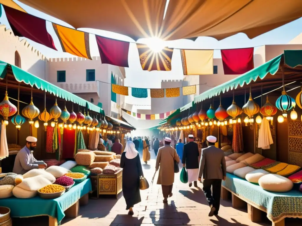 Vista de mercado árabe con mosaicos y textiles coloridos, capturando la esencia de las exposiciones de arte de mosaicos árabes