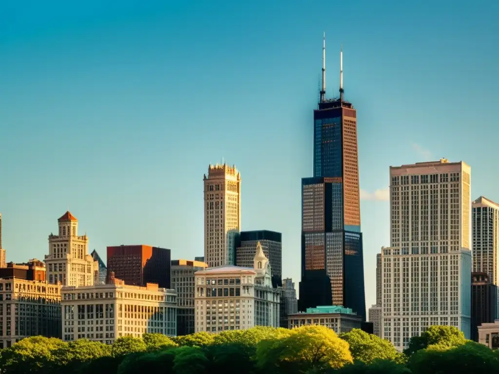 Vista nostálgica de la diversidad cultural y los patrones arquitectónicos de Chicago en una imagen vintage de alta resolución