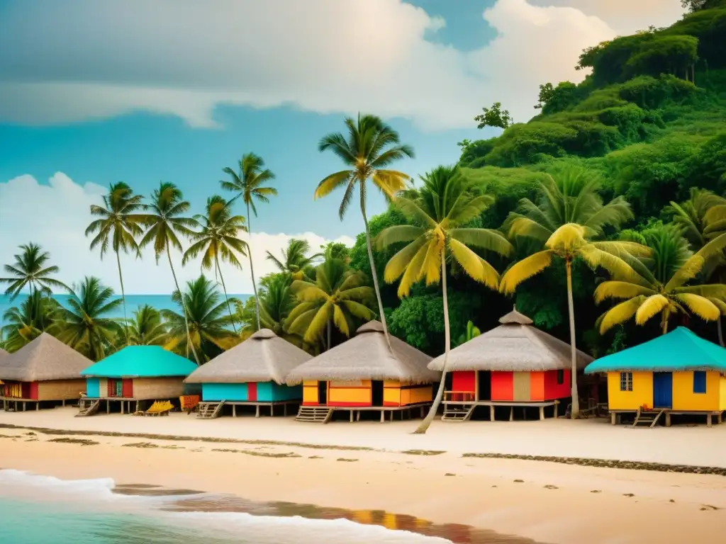 Vista nostálgica de un pueblo costero latinoamericano con patrones artísticos influenciados por el mar, tejidos coloridos y tejados de paja