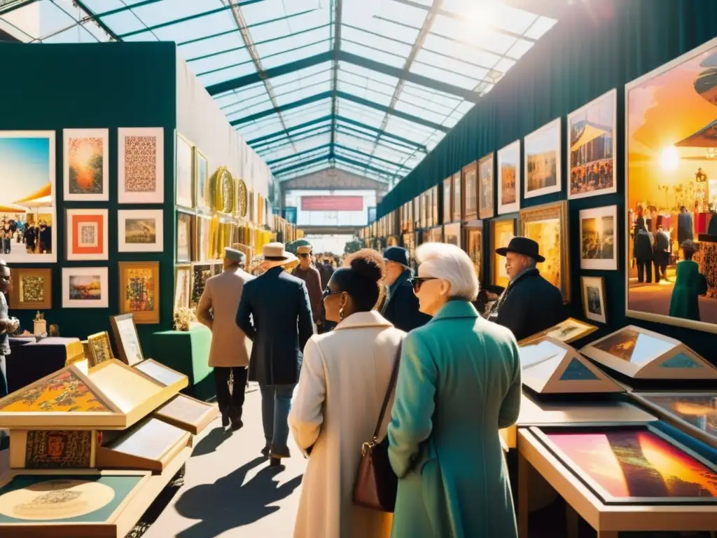 Vista panorámica del mercado de arte contemporáneo con eclecticismo y análisis de patrones en el ambiente soleado y vibrante