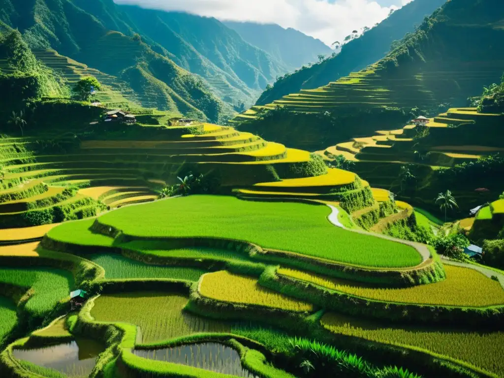 Vista única de los Patrones bordados terrazas Filipinas, evocando su belleza cultural