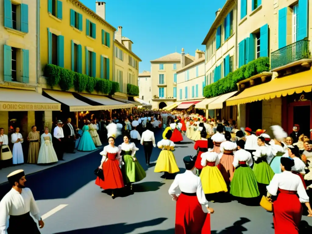 Vista vibrante de vestuarios y decorados Festival Avignon, con artistas y diseños llamativos en la bulliciosa calle durante el festival