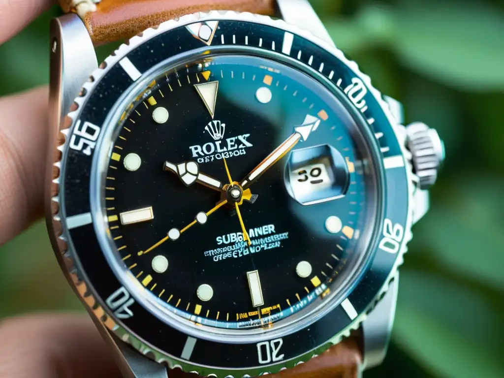 Una vista de cerca vintage en alta resolución de un clásico reloj Rolex Submariner, con detalles intrincados en el dial, las manecillas y el bisel