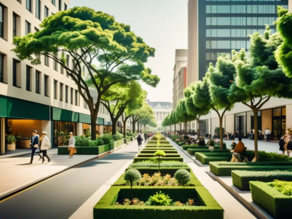 Vista vintage de una bulliciosa calle de la ciudad, con arquitectura moderna y vegetación