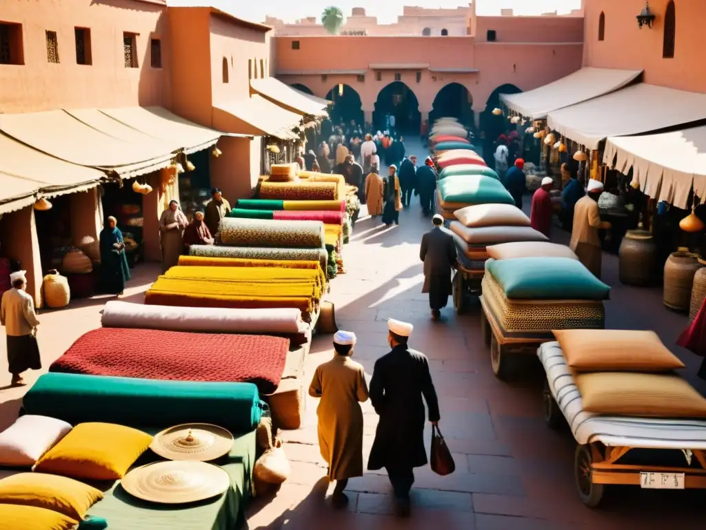 Vista vintage de un bullicioso mercado en Marrakech, Marruecos, con patrones artísticos culturales globales y una atmósfera vibrante y cálida