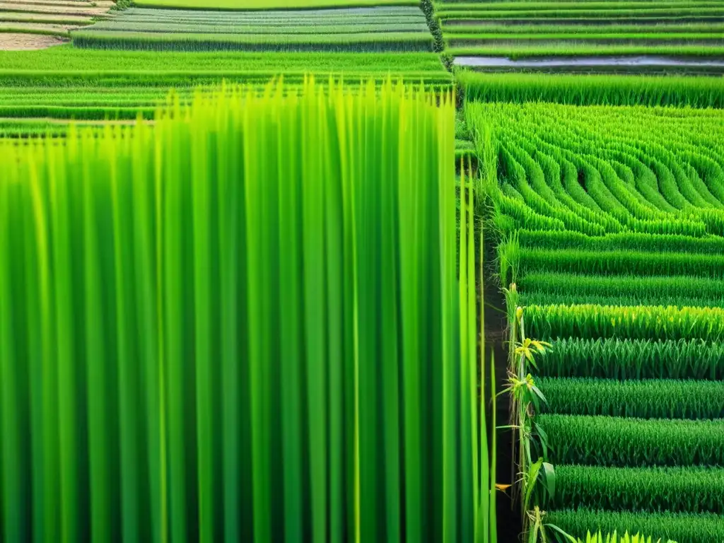 Vista vintage de campos de arroz en Bali, con patrones artísticos y tranquilidad natural